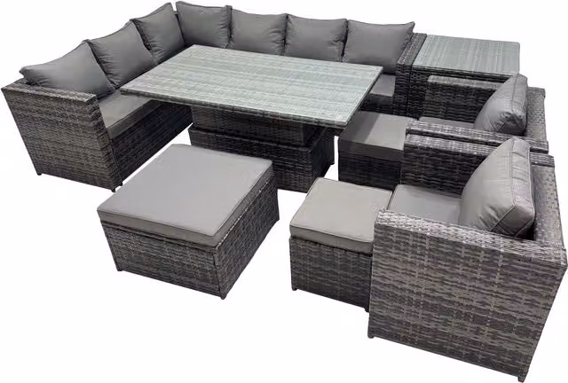 Fimous 11-Seater Rattan Corner Sofa Set with Height Adjustable Table in Dark Grey Mixed
