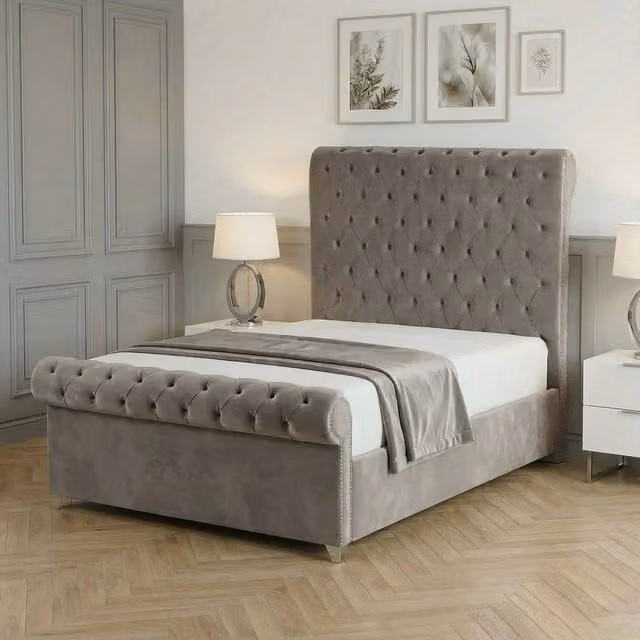 Living Comfort Bedz Regency Sleigh Ottoman Gas Lift Upholstered Velvet Bed in Light Grey, Size: Super King (200 x 200 cm) – 1