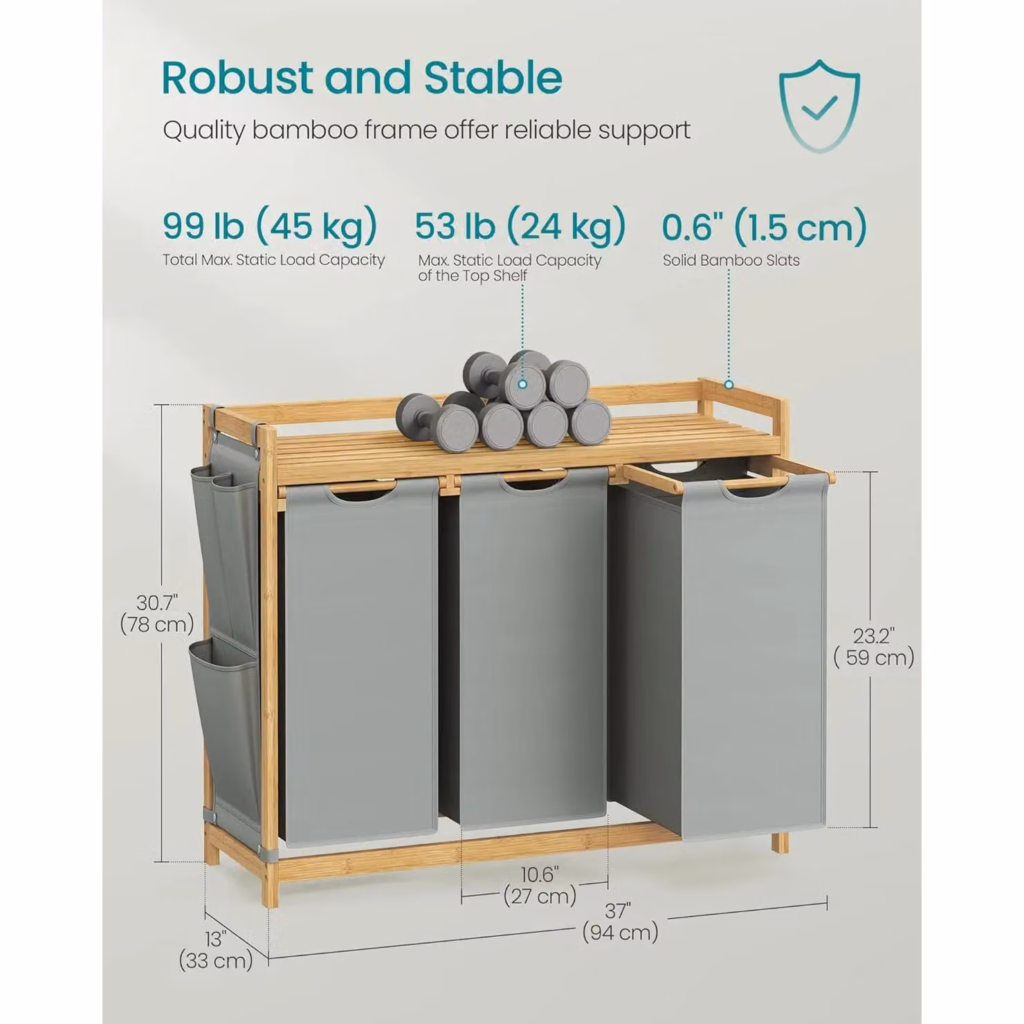 VASAGLE Triple Compartment Laundry Sorter with Shelf and Storage Pockets, Grey – 2