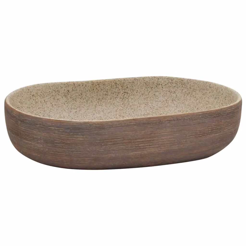 Berkfield Home Sand and Brown Oval Ceramic Countertop Basin W: 59 cm, D: 40 cm, H: 14 cm – 2