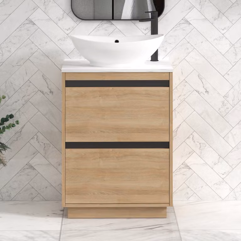 Royal Bathrooms Orion 800mm Natural Oak Floor Standing Countertop Vanity Unit with Amaze Basin and Black Accent Trim