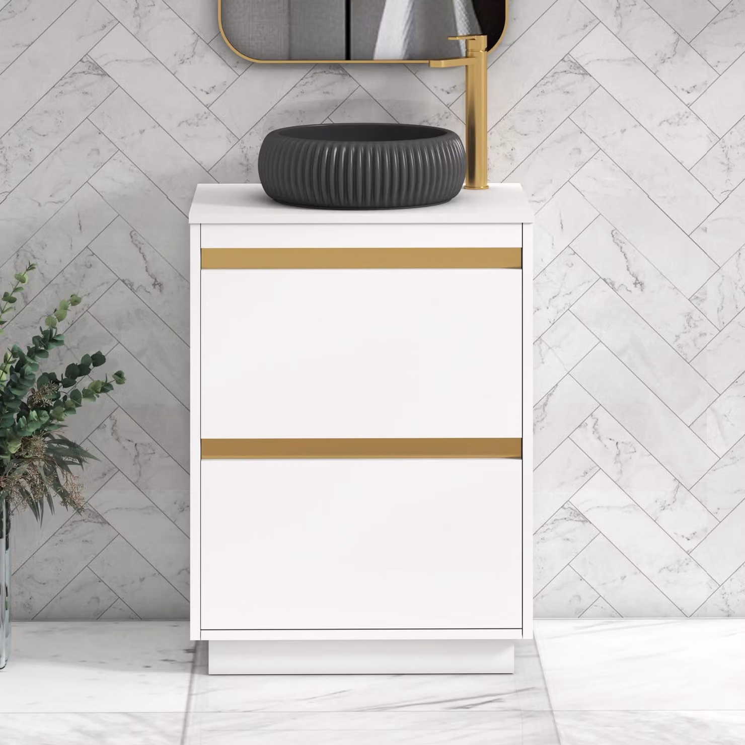 Royal Bathrooms Orion 600mm Matt White Floor Standing 2 Drawer Vanity Unit with Milan Black Basin and Brushed Brass Accent Trim