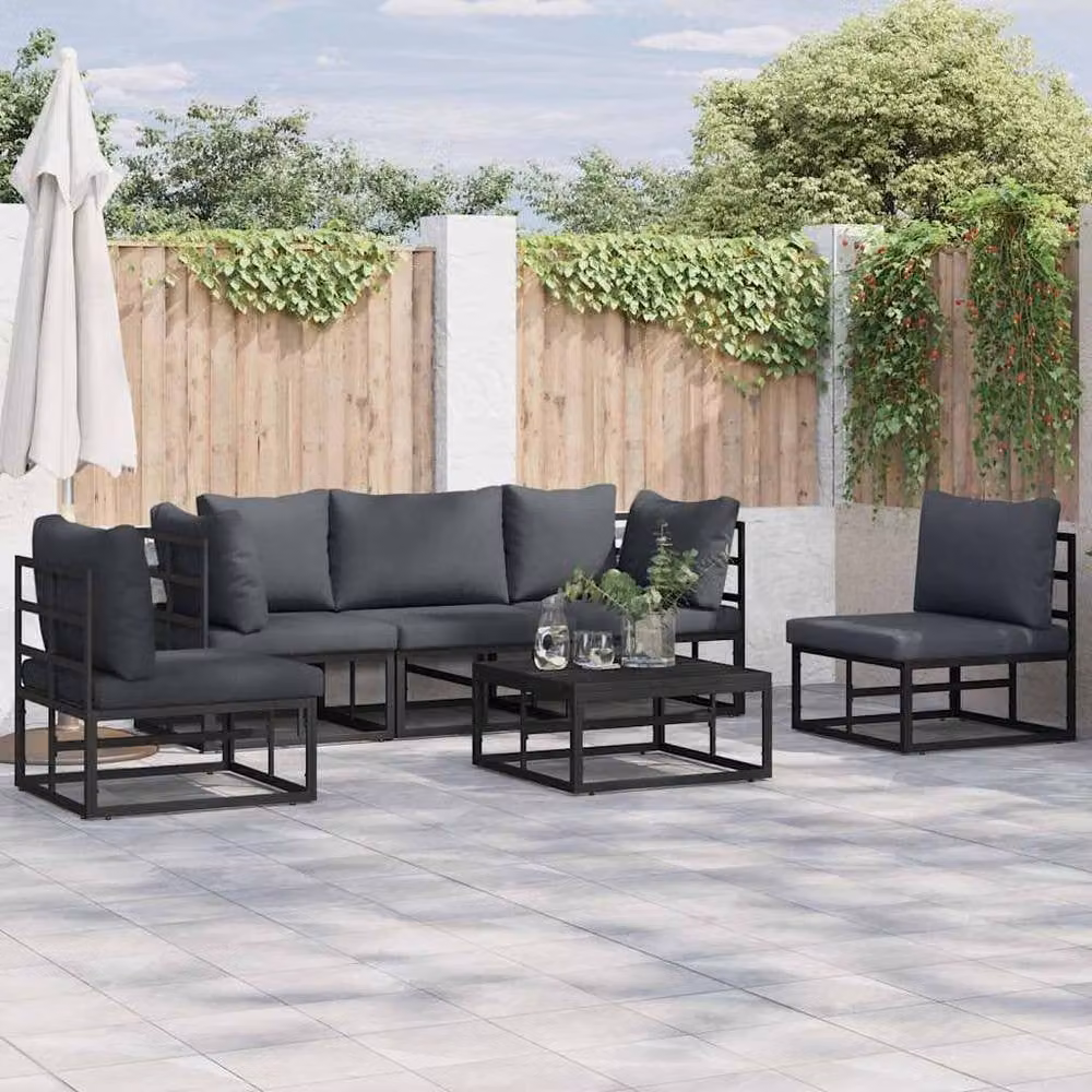 Berkfield Home 5-Piece L-Shape Garden Sofa Set with Grey Cushions and Scatter Pillows in Black Powder Coated Aluminium – 1