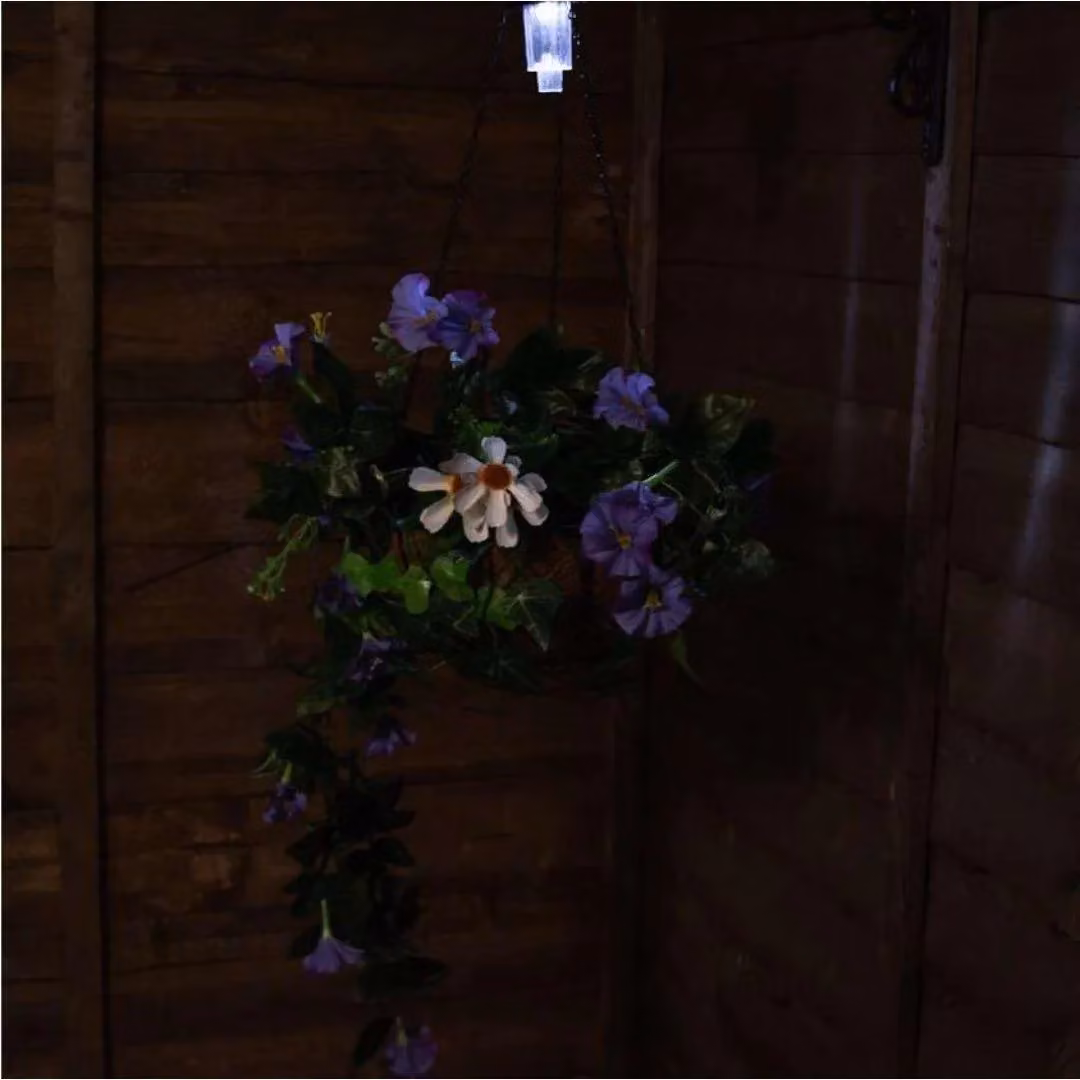Primrose Pair of Artificial Purple and Multicolour Duranta Flowers Hanging Baskets with Solar Light, Diameter: 26 cm – 4