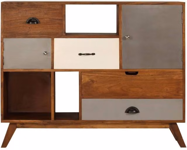 Berkfield Home Mid Century Lacquered Solid Acacia Wood Sideboard in Brown and Multicolour, W/D/H: 115 x 35 x 86 cm – 1