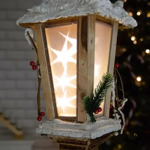 Shatchi Wooden Lamppost Christmas Decoration with Rotating Star and Warm White LEDs, Brown and Gold, Height: 85 cm – 3