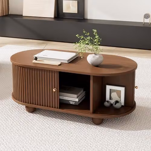 BTM Oval Coffee Table with 2 Sliding Doors and Hidden Compartment, Oak Colour, W/D/H: 100 x 50 x 40 cm – 3