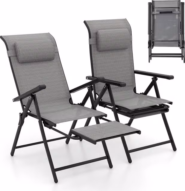Costway Set of 2 Grey Folding Lounge Chairs with Armrests and Textilene Fabric