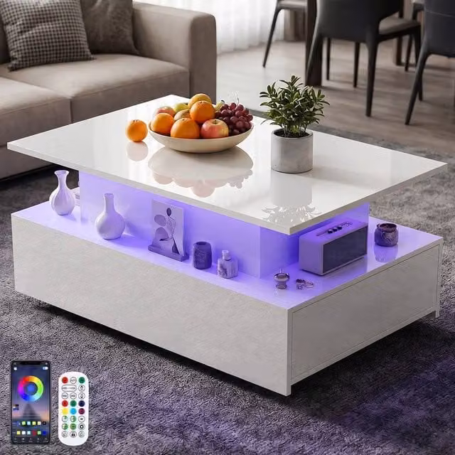 FORGEVIO Glossy White Lift Storage Table with 2 Drawers and Height Adjustable Mechanism