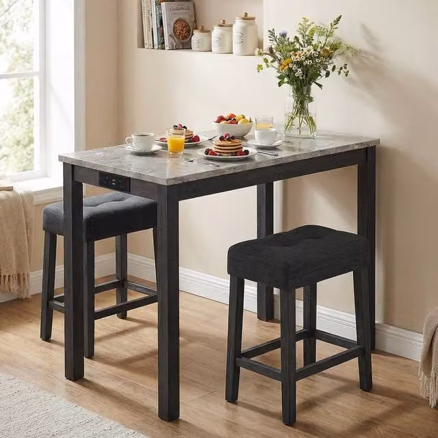 Costway Faux Marble Bar Table Set with Charging Station and 2 Padded Stools in Grey – 1