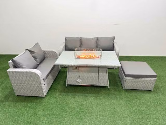 Fimous 6 Seater Grey PE Rattan Wicker Garden Furniture Set with Firepit Dining Table, 3 Seater Sofa, Love Seat and Large Footstool