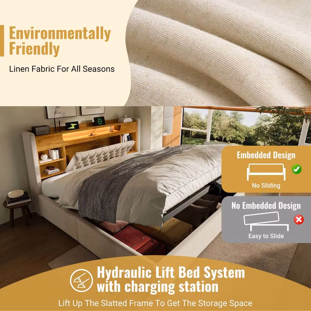 Matteo Beige King Size Upholstered Bed Frame with Hydraulic Storage, LED Lighting, USB Charging Port and Bedside Shelf, W/D/H: 180 x 200 x 115 cm – 8