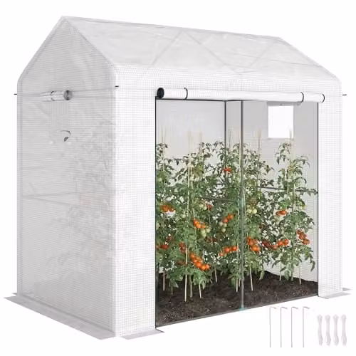 Outsunny Walk-in Greenhouse with Mesh Windows and Roller Door, White, W/D/H: 140 x 140 x 200 cm