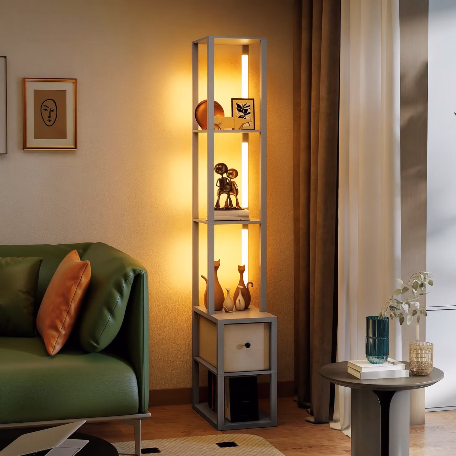 HOMCOM Modern LED Floor Lamp with Shelves and Fabric Drawer, Dimmable Warm White Column Standing Lamp in Grey, H 169 x W 26.5 x D 26.5 cm – 5