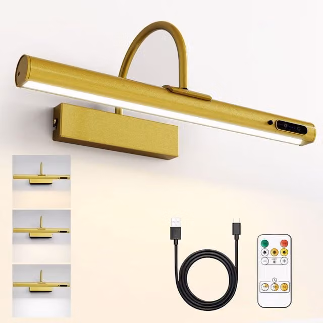 Harper Living Rechargeable Arched LED Picture Light in Gold with Remote Control and Dimming Function, W/D/H: 35.0 x 15.5 x 15.5 cm