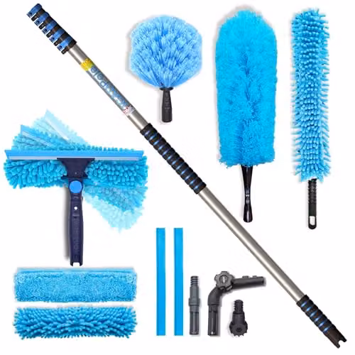 IGAD 20ft All-in-One Window Washing and Dusting Kit with Telescopic Handle, Pivot Squeegee, Microfibre Cloths, Cobweb Duster and Ceiling Fan Duster in White and Blue – 1