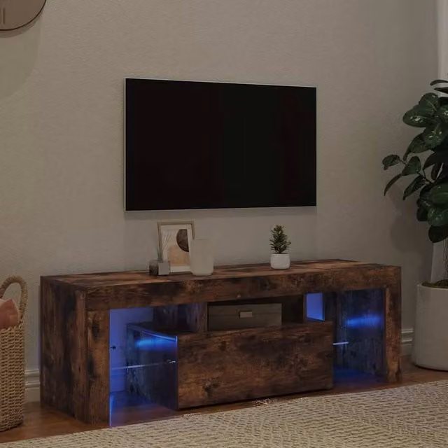 Berkfield Home TV Cabinet with LED Lights in Smoked Oak Brown, W/D/H: 120 x 35 x 40 cm