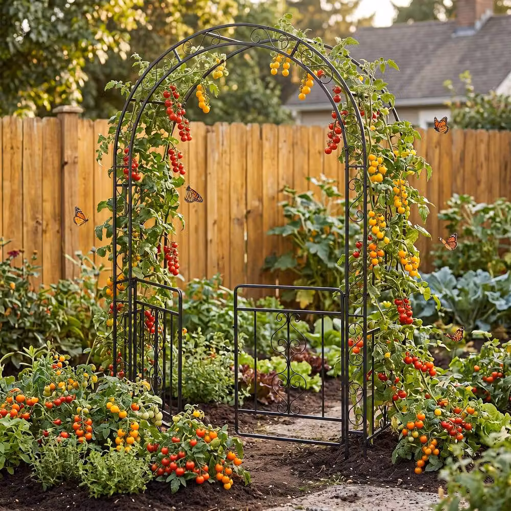 Gymax Metal Garden Archway Arbour with Lockable Doors and Plant Trellis, Black, H 213.0 x W 135.0 x D 60.0 cm – 5