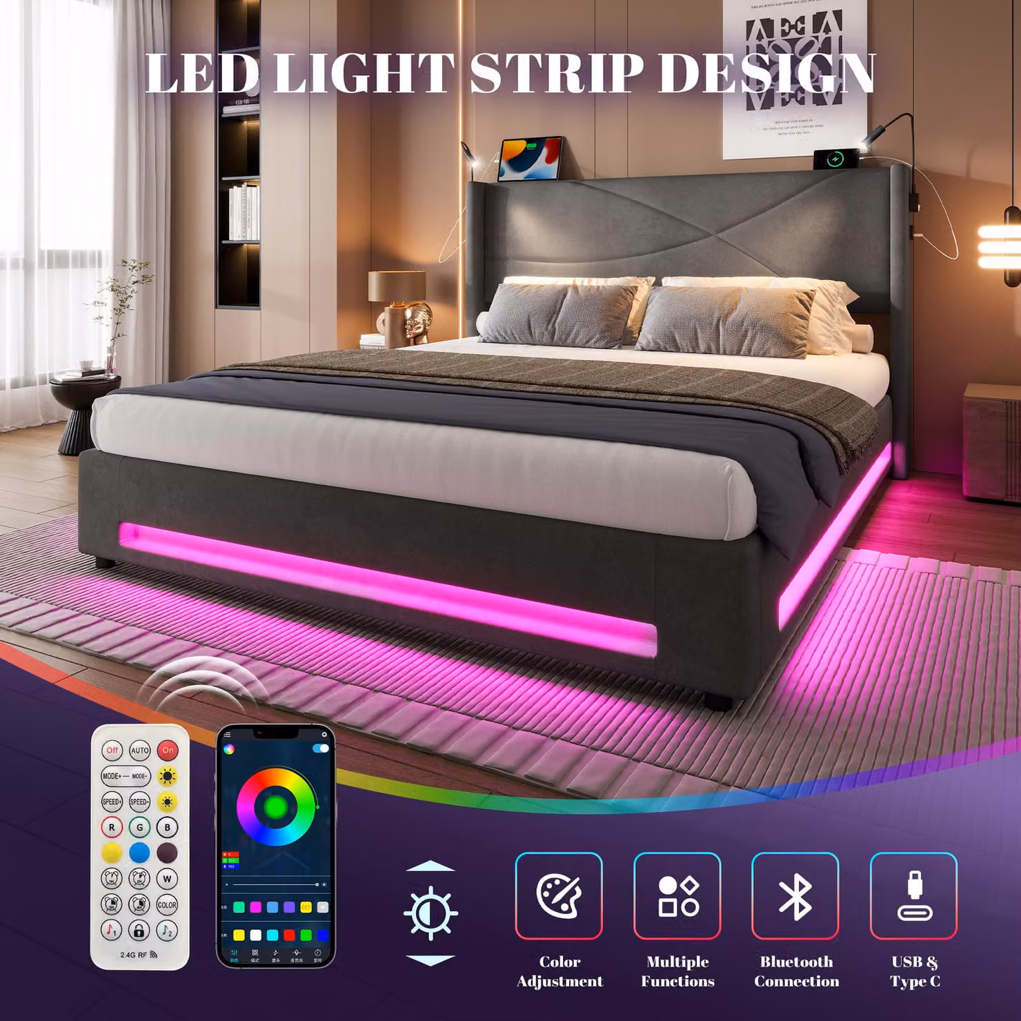 Aosom UK Modern Platform Bed with Hydraulic Lift System, Dark Grey Velvet Upholstered Bed Frame with Integrated Reading Lamps and USB Ports, W/D/H: 157 x 209 x 106 cm – 4