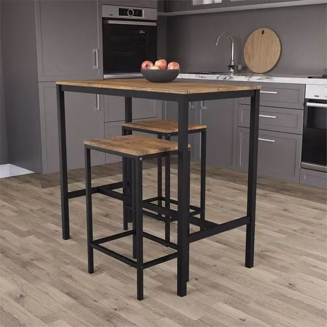 SPETLEK 3-Piece Industrial Kitchen Table and Barstool Set in Brown Wood and Metal