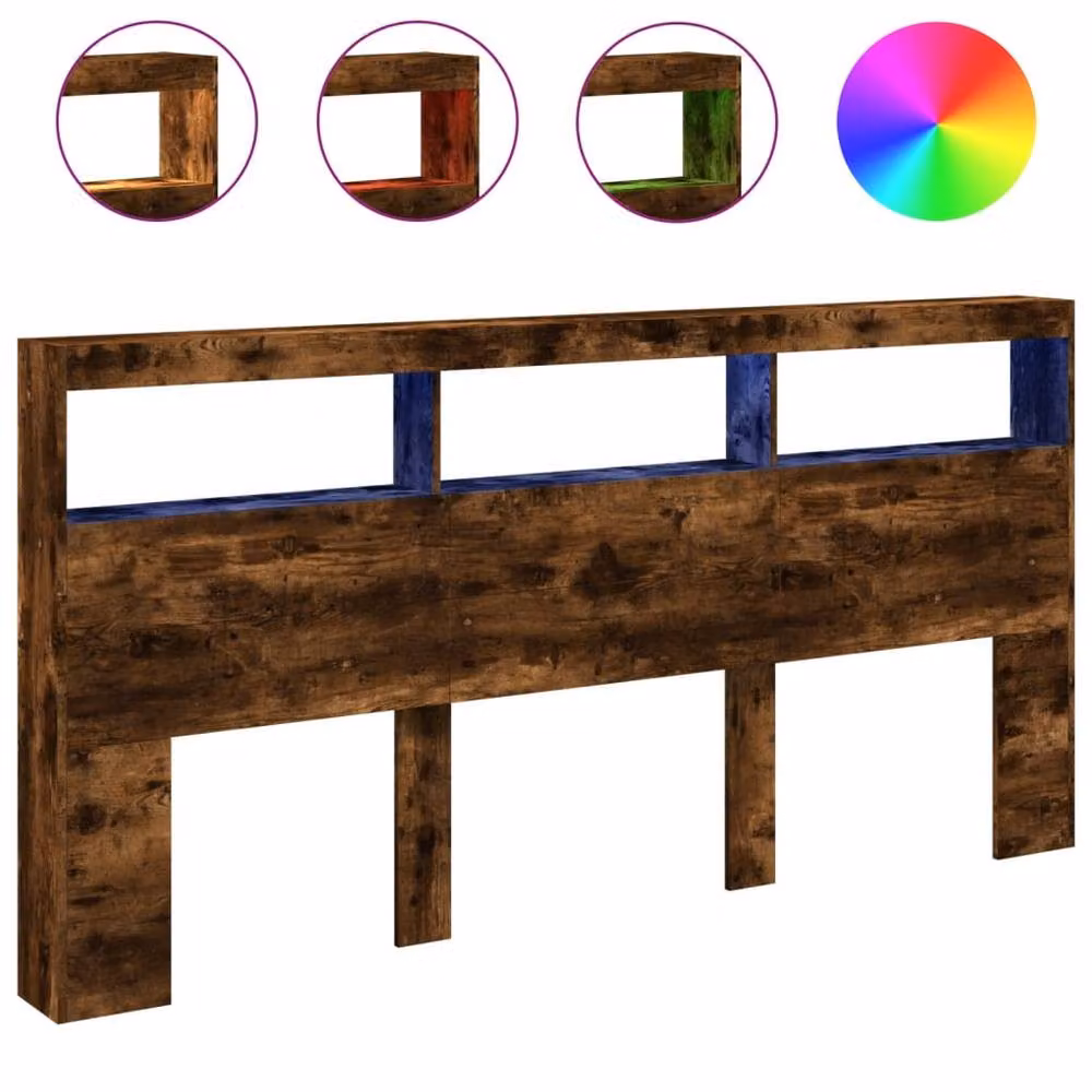 Berkfield Home Headboard Cabinet with LED in Smoked Oak, Brown, W: 200 cm, D: 17 cm, H: 102 cm – 3