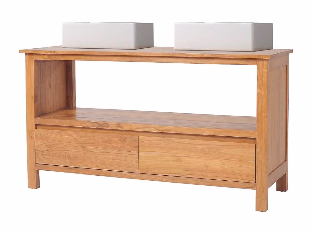 Vente-unique Ketapang Teak Bathroom Unit with Double Washbasin in Light Oak, W: 135 cm – 2