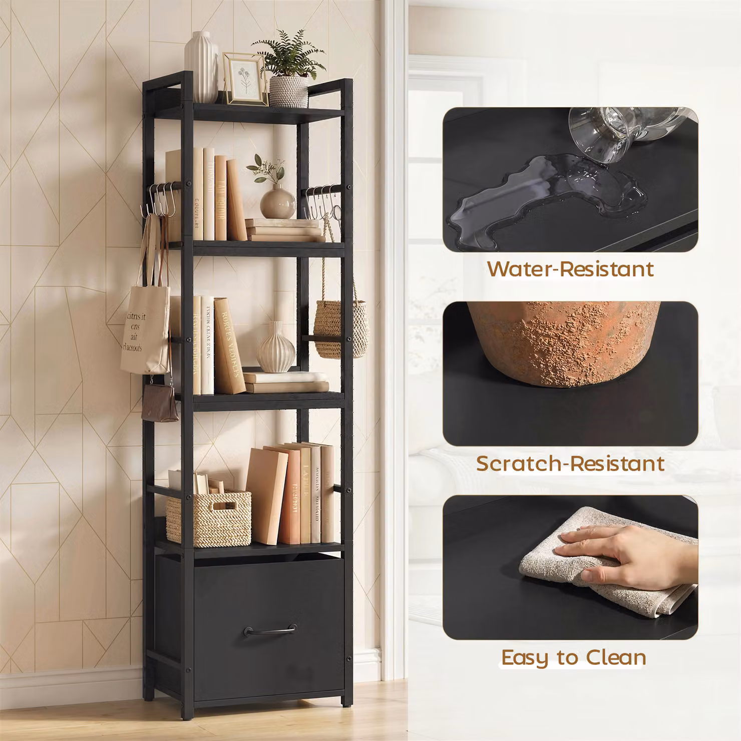 HOMCOM 4-Tier Narrow Black Metal and MDF Bookshelf with Drawer and 8 Hooks – 6