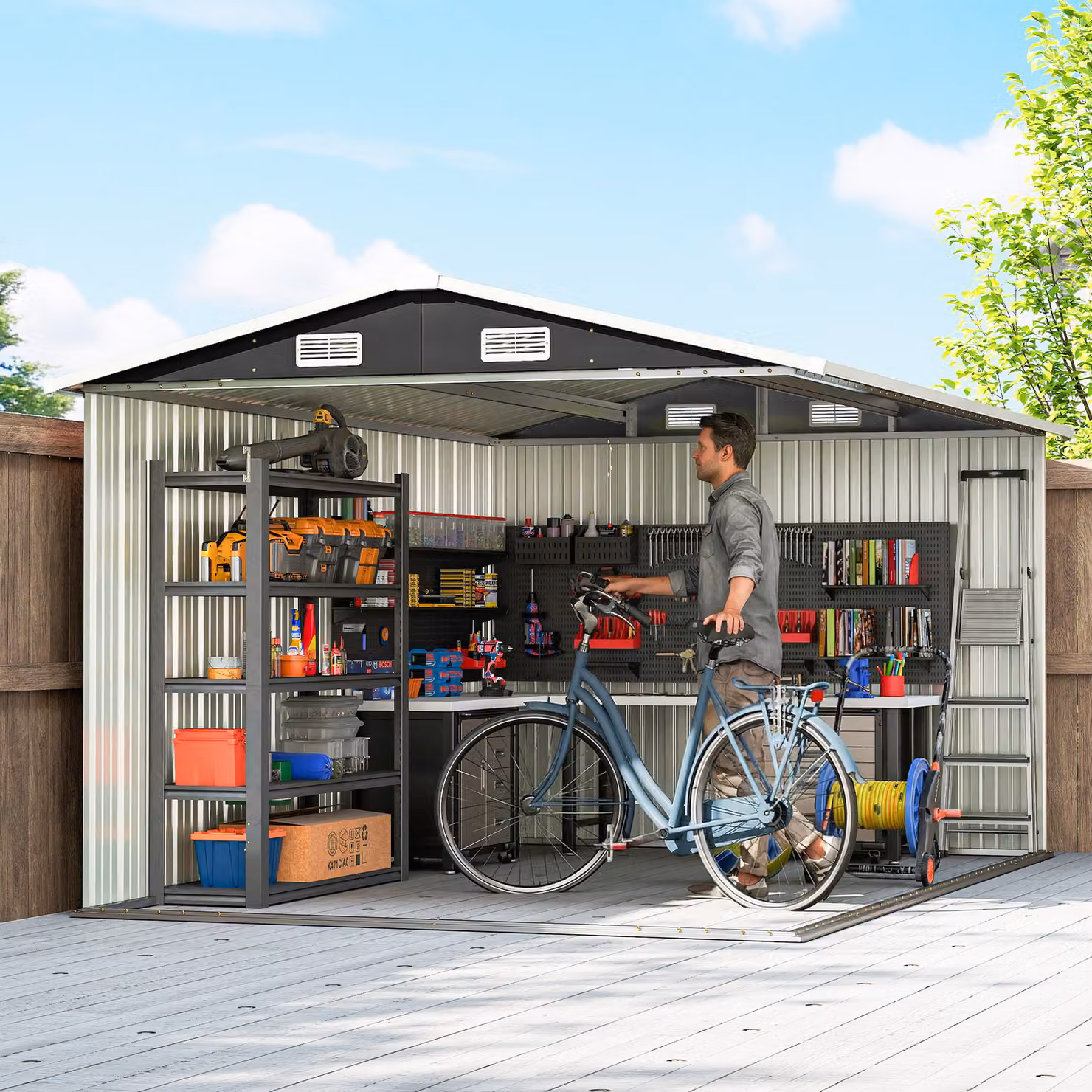 Outsunny Dark Grey Galvanised Steel Garden Storage Shed with Lockable Double Doors and 4 Vents, W: 365.76 cm, D: 238.0 cm, H: 194.0 cm – 8