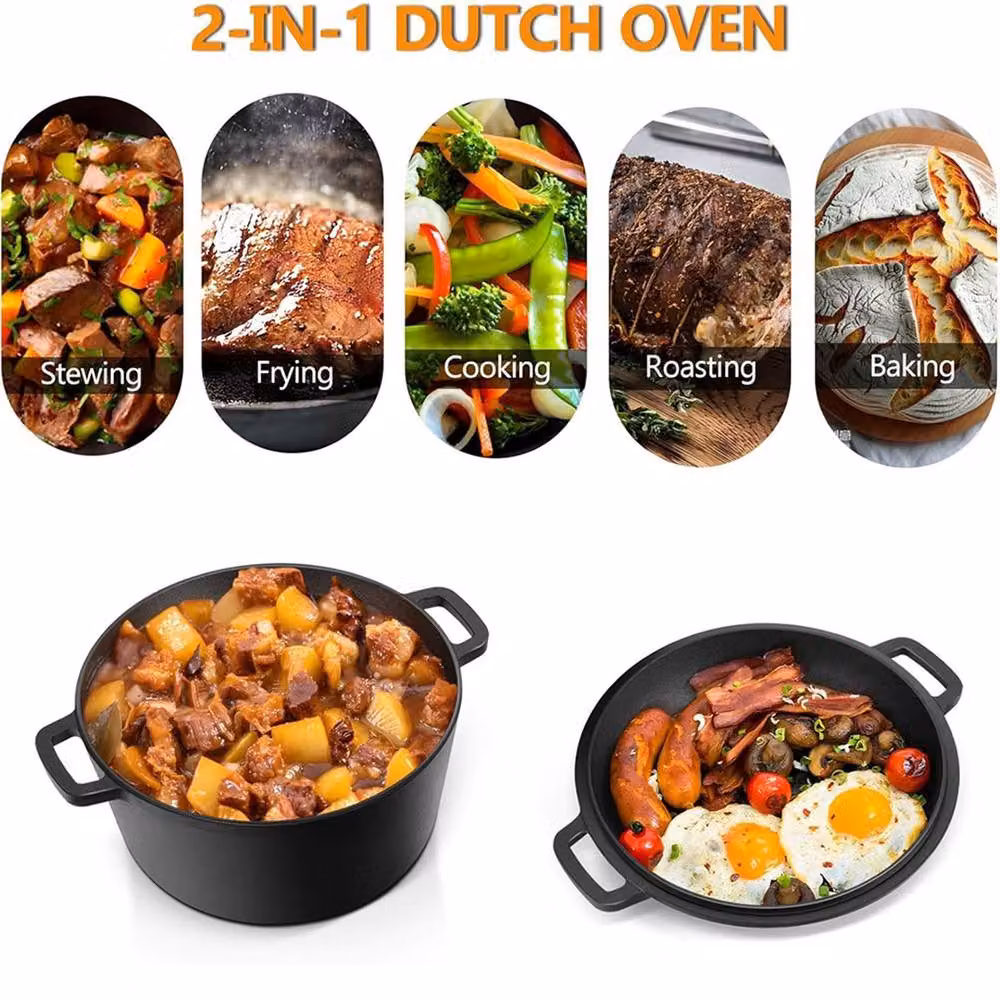 Ventryn 2 in 1 Seasoned Cast Iron Double Dutch Oven Casserole, 4.5 l, Black – 6