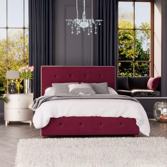 Aspire Hesper Ottoman Storage Bed in Berry Plush Velvet Fabric, W/D/H: 140 x 200 cm