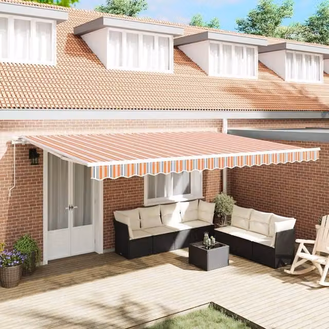 Berkfield Home Manual Retractable Wall-Mounted Awning with Multicolour Beige and Orange Striped Acrylic Fabric, W: 500 cm, D: 300 cm