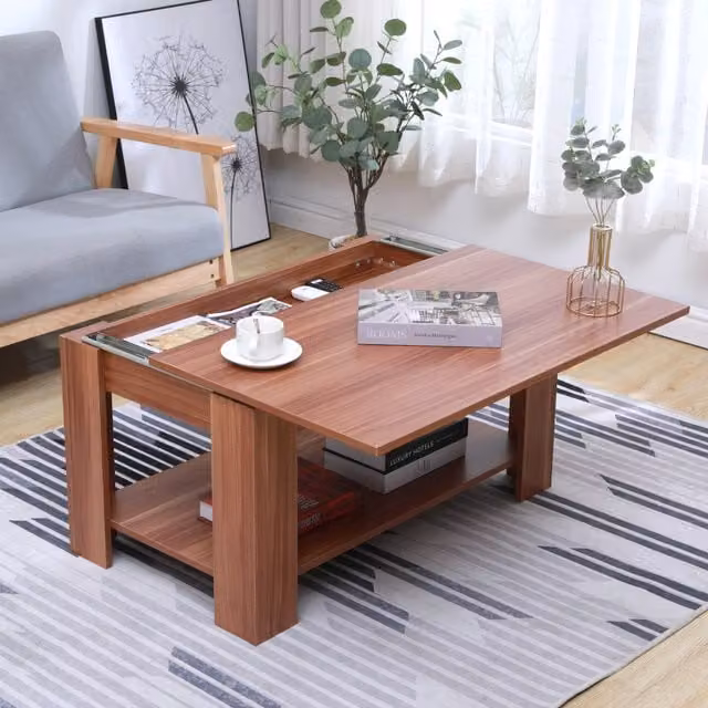 HMD Modern Rectangular Walnut Sliding Coffee Table with Bottom Shelf in Brown