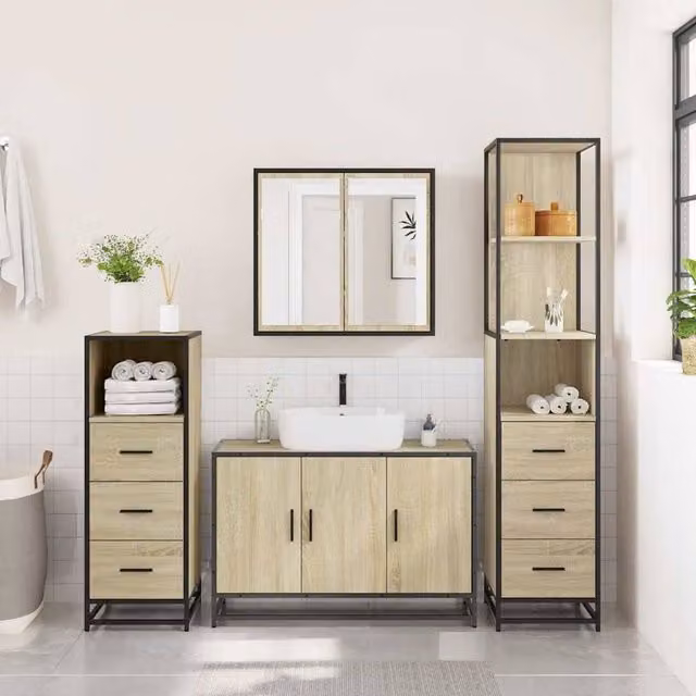 Berkfield Home 4-Piece Bathroom Furniture Set in Sonoma Oak and Beige
