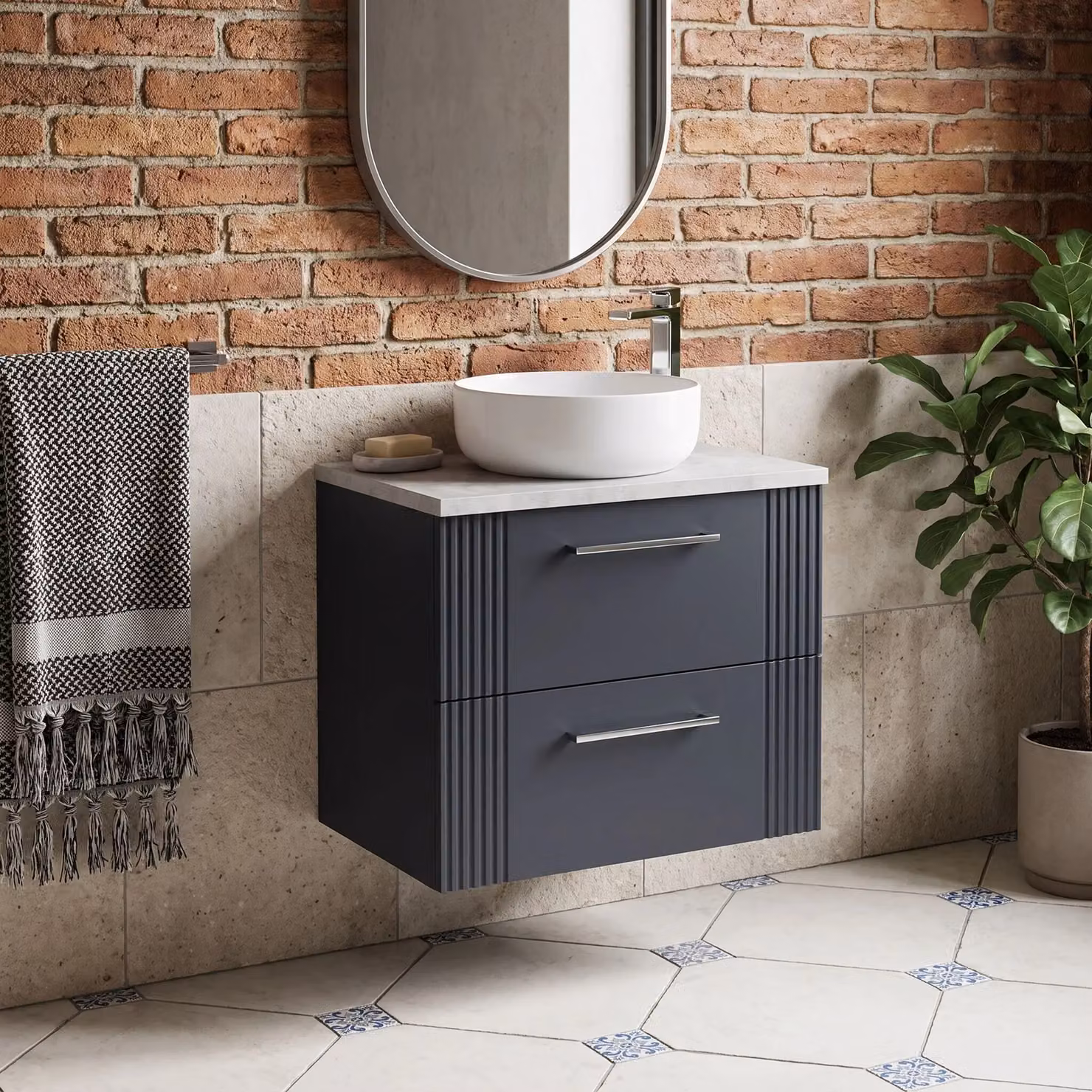 Balterley Modern 2 Drawer Wall Hung Vanity Unit with Grey Laminate Worktop, Width: 60 cm – 2