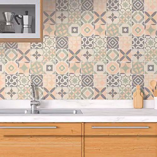 WALPLUS Kansas Baby Rose and Pastel Green Floral Tile Stickers, 24 Pack, W/D/H: 15 x 15 x 0.54 cm, Waterproof Self Adhesive Decals for Kitchen and Bathroom