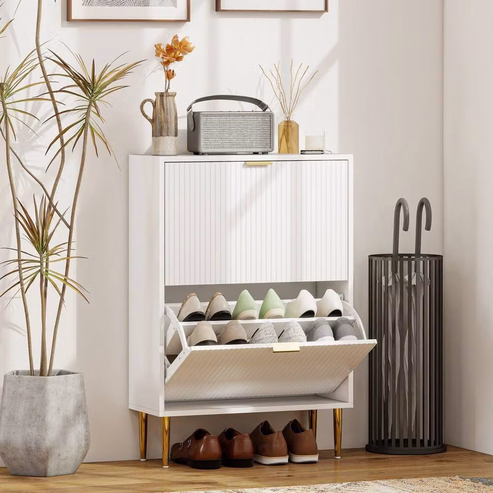 Wyld Haus Baviva White Shoe Cabinet with Gold Accents and Ribbed Front, W/D/H: 60 x 24 x 91.5 cm – 3