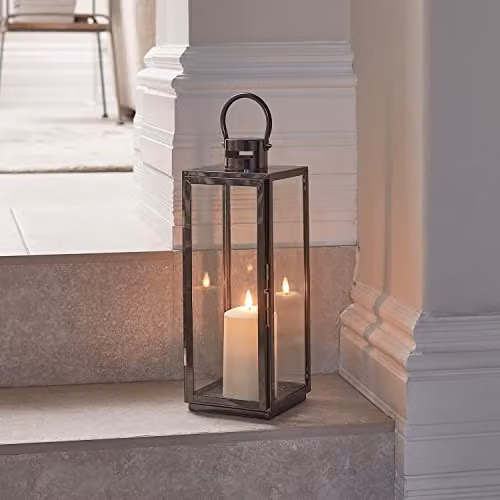 Lights4fun Silver Stainless Steel LED TruGlow Candle Lantern with Remote and Timer, H 38 cm x W 15 cm x D 14 cm