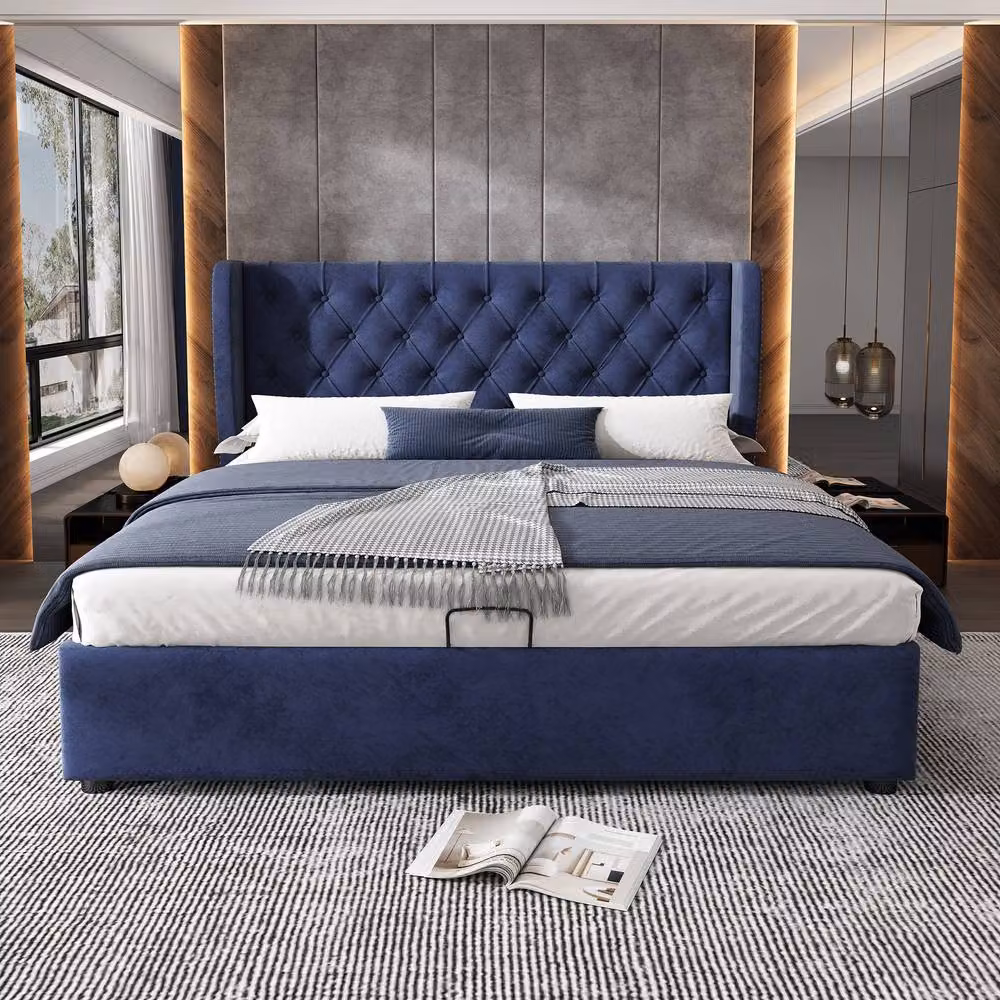 Merax Blue Velvet Upholstered Double Ottoman Storage Bed Frame, W: 135 cm x D: 190 cm – 6