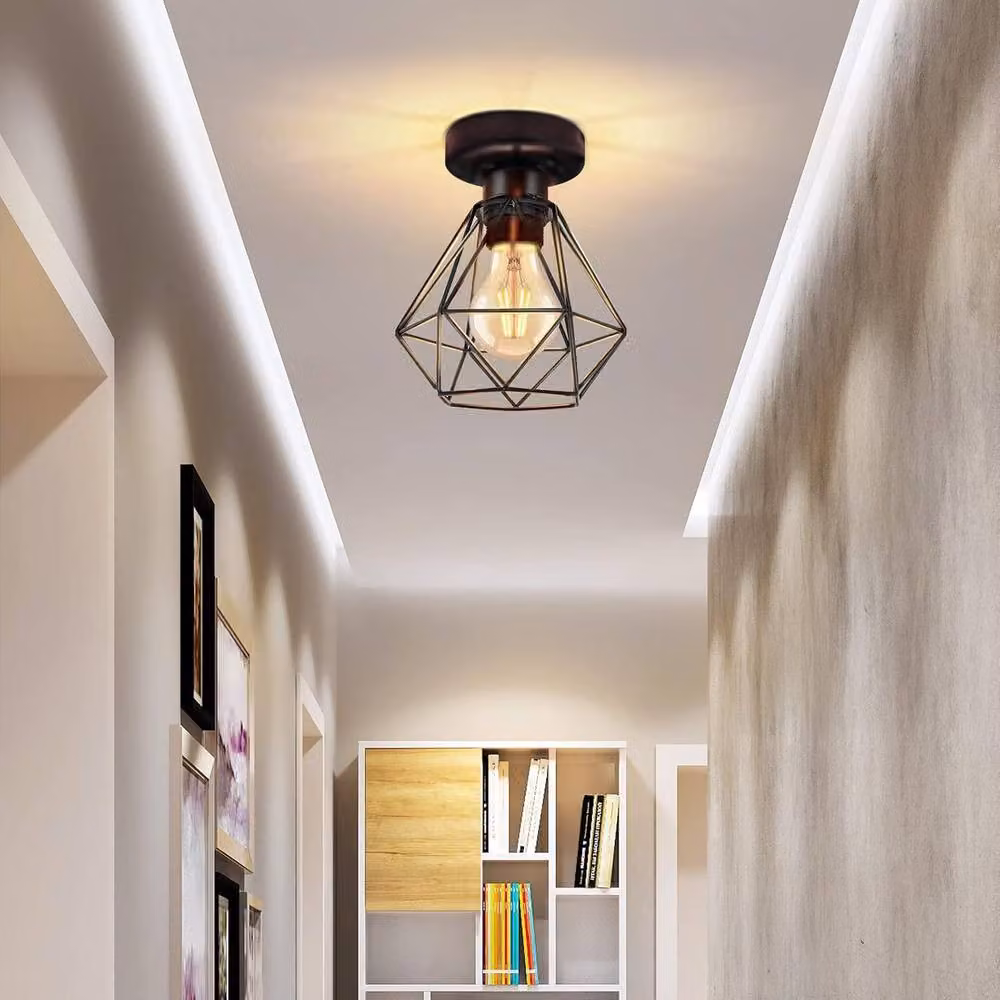 COMELY Industrial Metal Cage Ceiling Light in Black with E27 Socket – 2