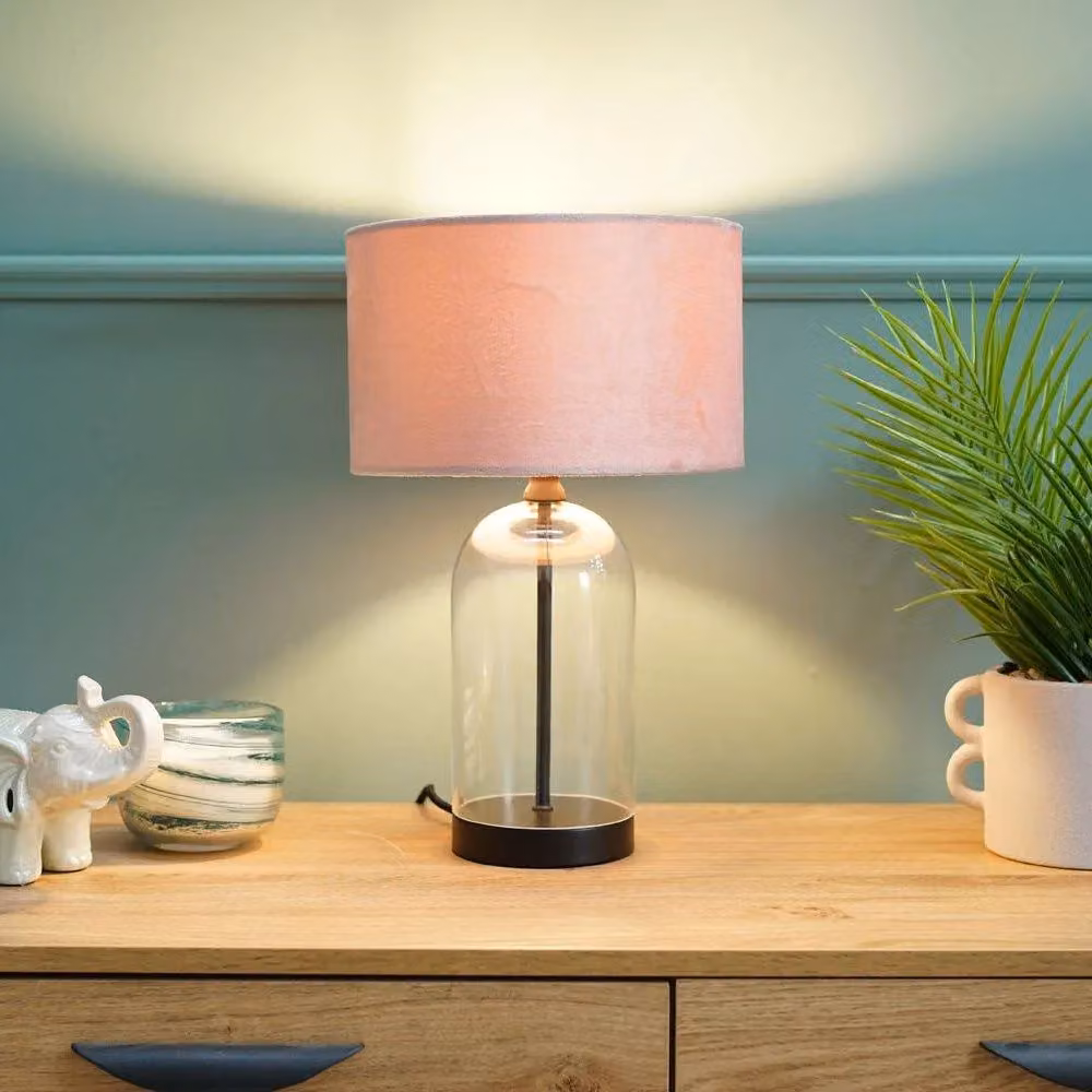 ValueLights Jessy Black Glass and Metal Table Lamp with Blush Pink Velvet Shade – 3