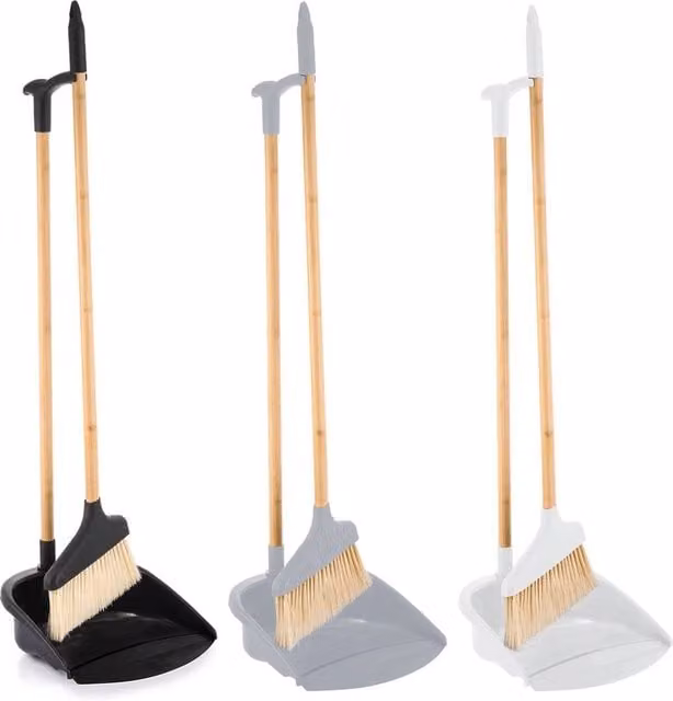 EONLION Bamboo Tube Floor Dustpan and Broom Brush Set in Grey