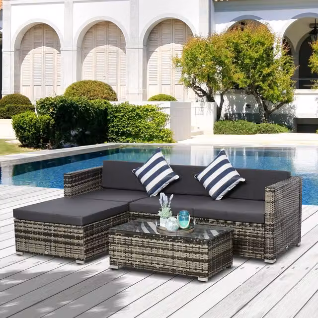 Outsunny 5 Piece Modern Rattan Sofa Set in Mixed Grey with Striped Cushions