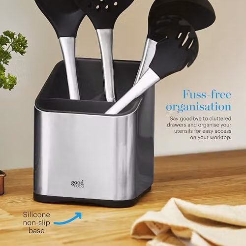 Tower GF826192 Stainless Steel Utensil Holder with Silicone Anti-Slip Base in Grey and Silver – 7