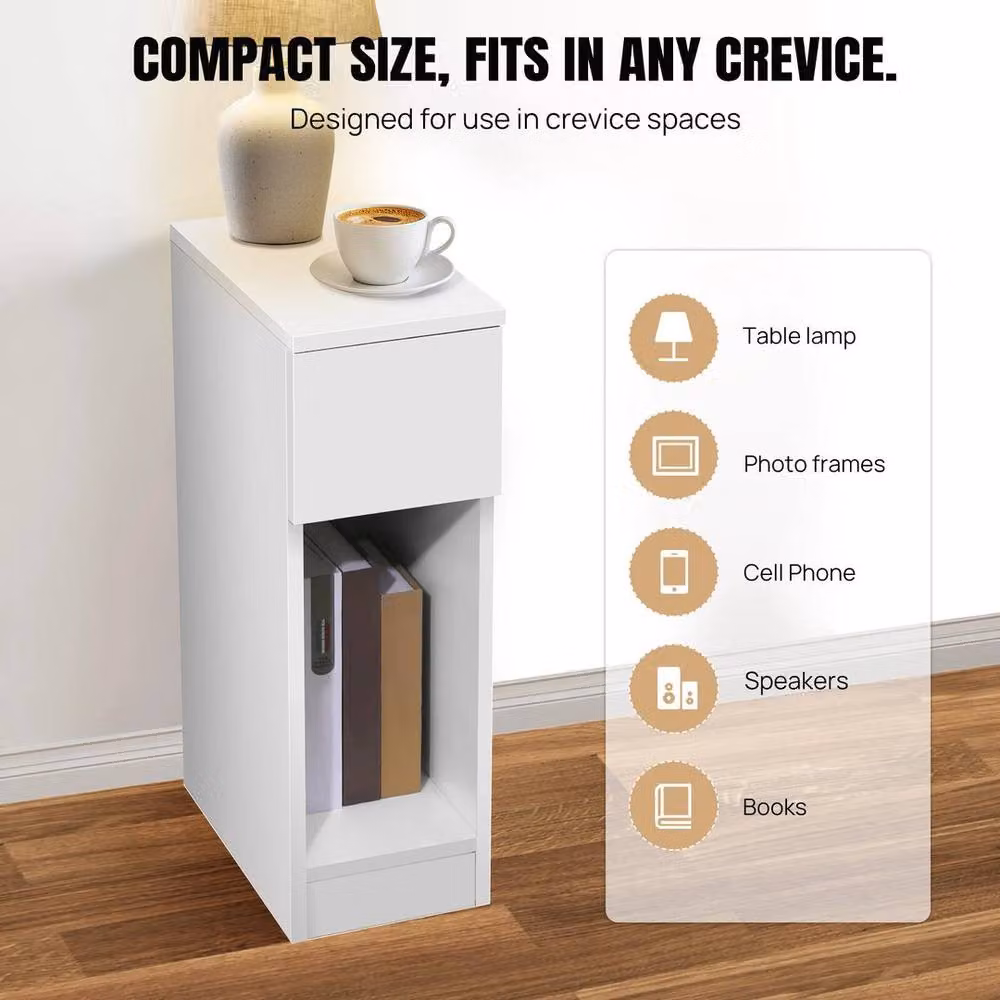 FLAVORA TypB Slim Narrow Bedside Table with Drawer and Shelf in White – 2