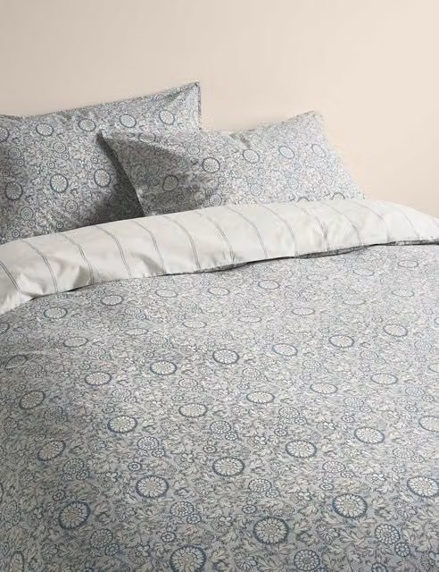 M&S Cotton Rich Woodblock Floral Bedding Set, Slate Blue, 140 x 200 cm