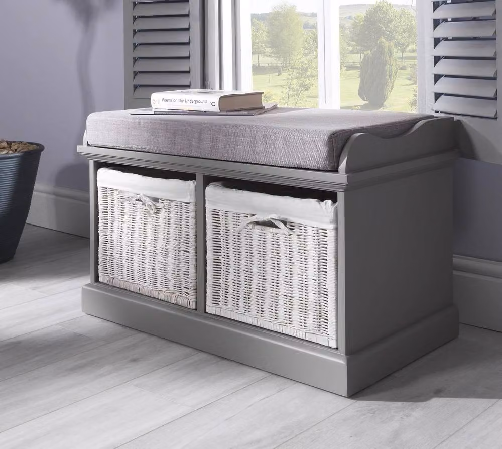 Statement Furniture Tetbury Hallway Storage Bench in Grey with 2 White Wicker Baskets and Grey Fabric Cushion W/D/H: 76 x 40 x 46 cm – 3