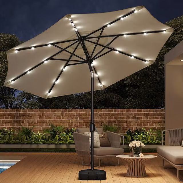 Livingandhome Beige LED Solar Patio Parasol with Square Base and Polyester Canopy