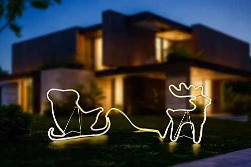 Shatchi Reindeer and Sleigh Neon Effect Rope Light Silhouette Double Sided with 90 Warm White LEDs in Yellow – 2