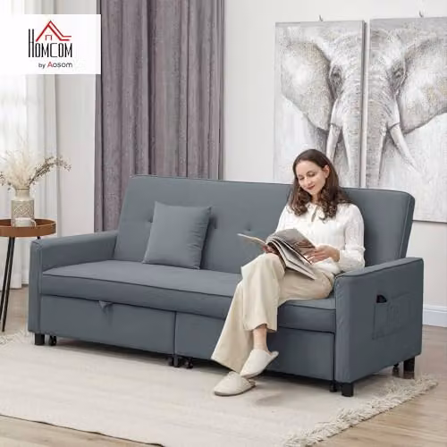 HOMCOM Reversible L-Shaped 3 Seater Sectional Sofa Bed in Grey with Scatter Cushions – 1