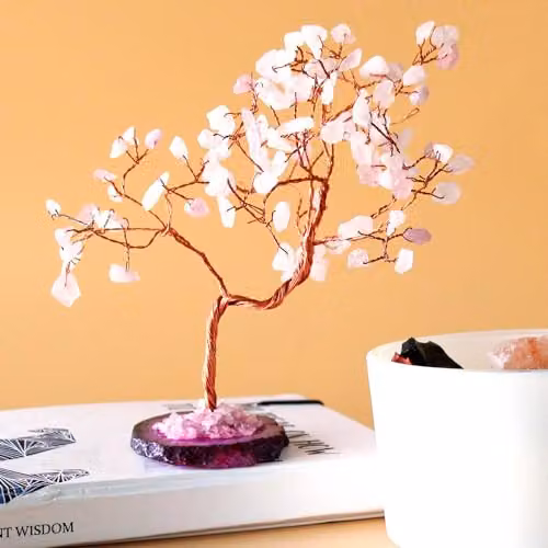 KDMD Rose Quartz Gemstone Bonsai Tree with Pink Agate Base